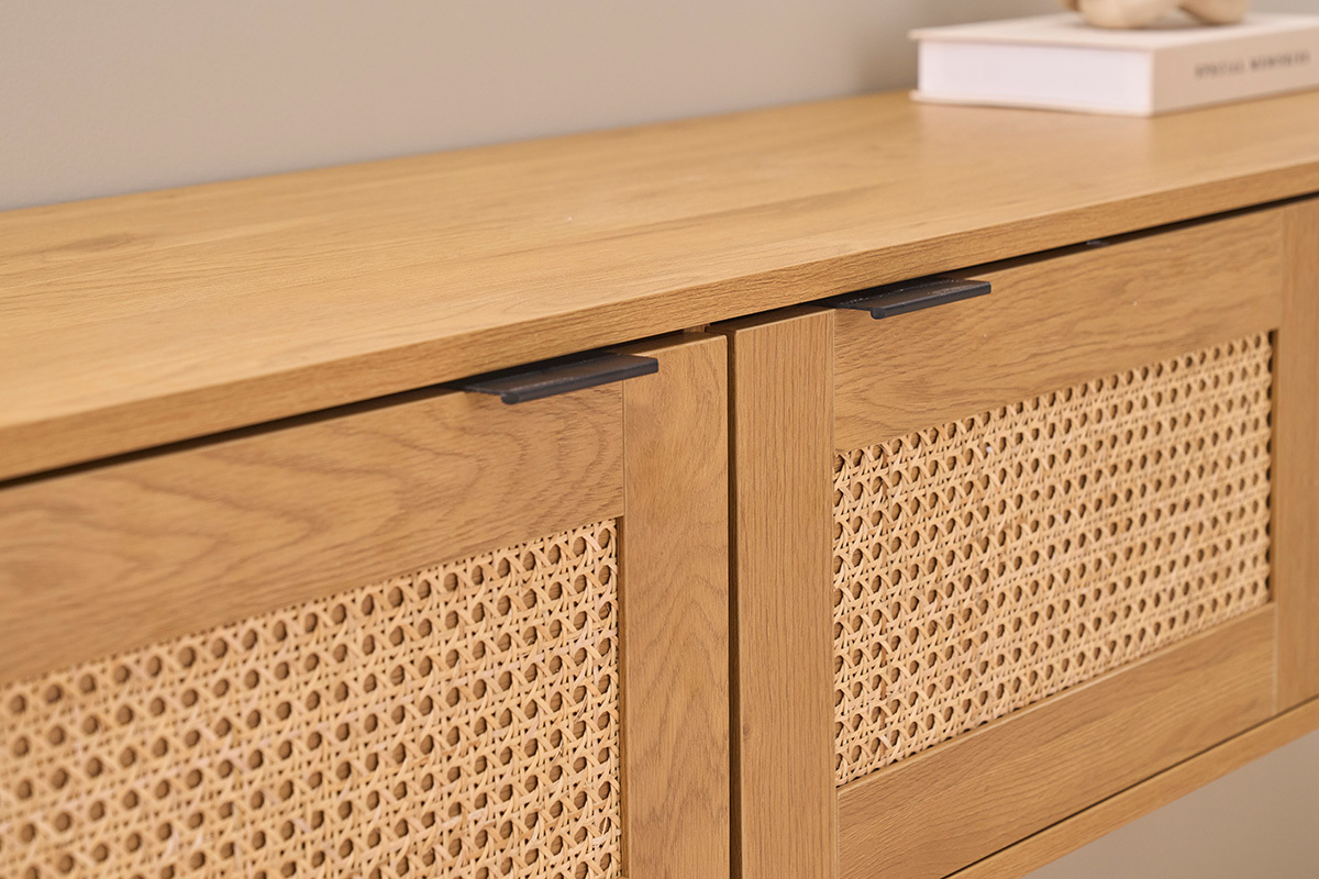 Mueble de TV de pared acabado en madera clara y tejido de rat�n 2 puertas L150 cm MANILA
