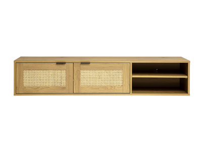 Mueble de TV de pared acabado en madera clara y tejido de rat&aacute;n 2 puertas L150 cm MANILA