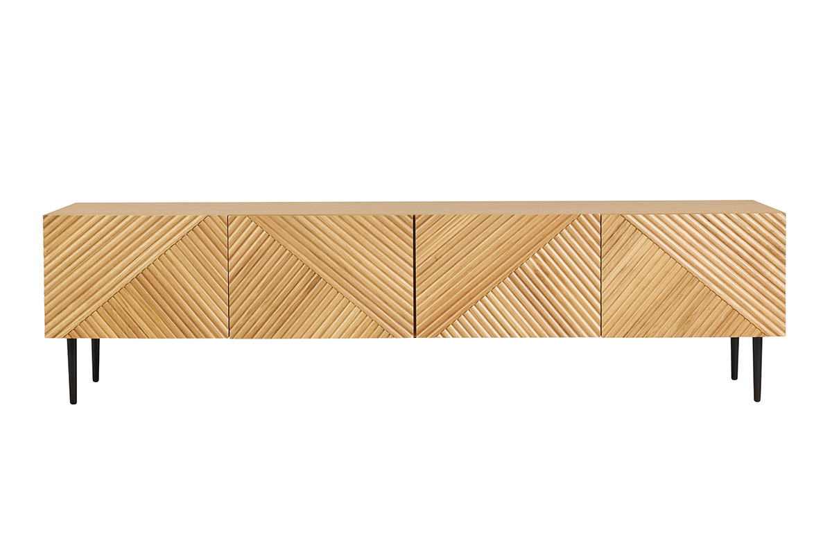 Mueble de TV diseo en madera clara roble macizo grabado y metal negro 4 puertas L180 cm ARCHIPEL