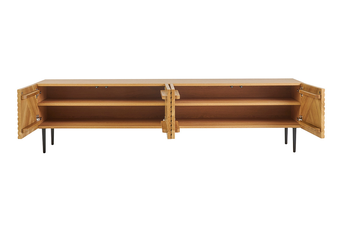 Mueble de TV diseo en madera clara roble macizo grabado y metal negro 4 puertas L180 cm ARCHIPEL