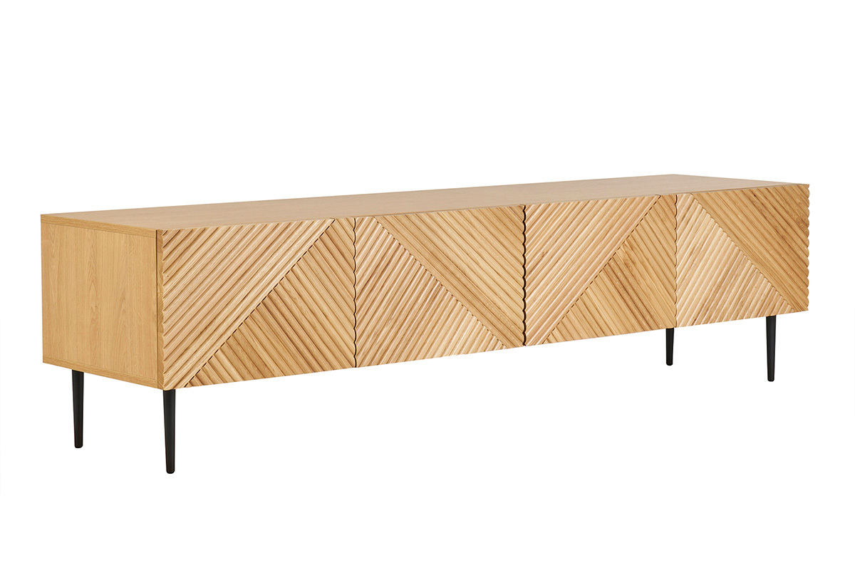 Mueble de TV diseo en madera clara roble macizo grabado y metal negro 4 puertas L180 cm ARCHIPEL