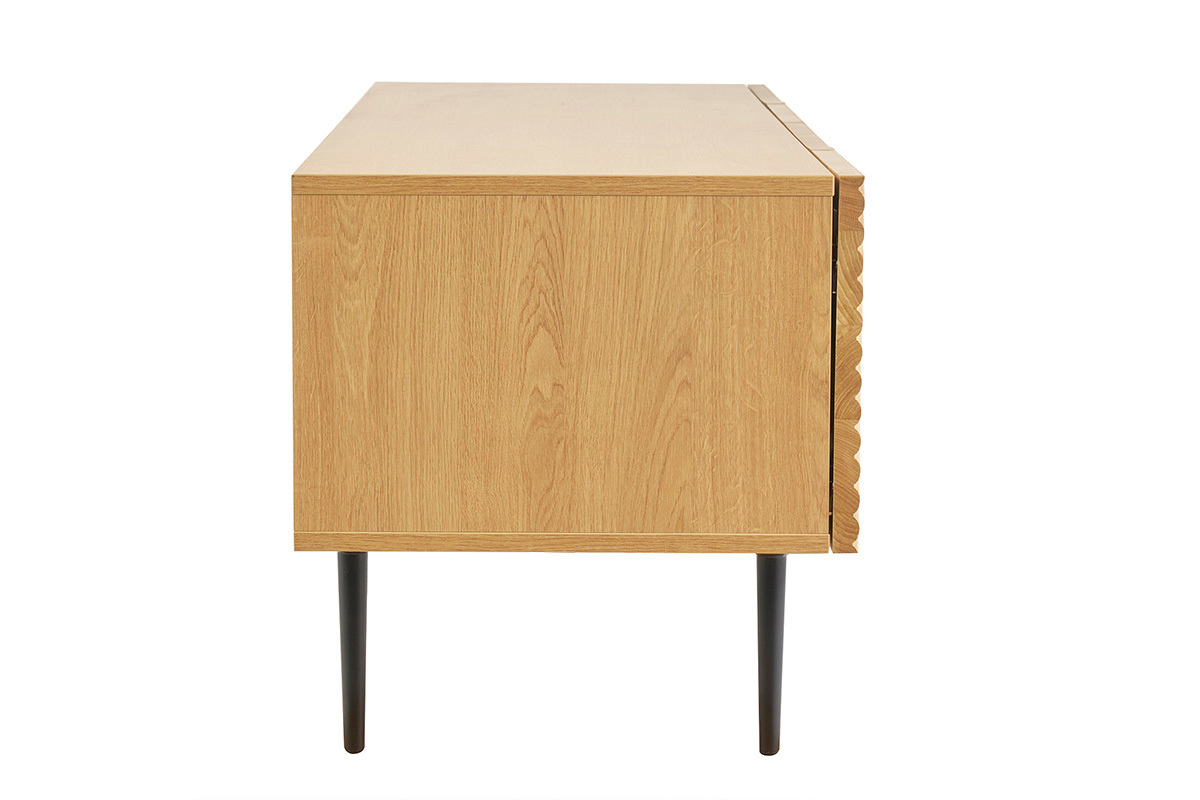 Mueble de TV diseo en madera clara roble macizo grabado y metal negro 4 puertas L180 cm ARCHIPEL