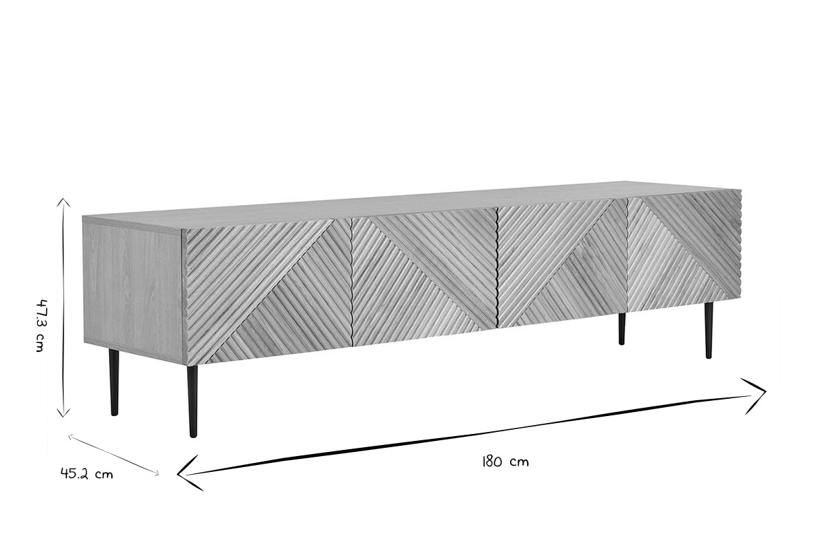 Mueble de TV diseo en madera clara roble macizo grabado y metal negro 4 puertas L180 cm ARCHIPEL