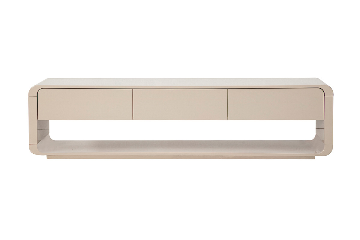 Mueble para TV beige brillante con 3 cajones, vista frontal.