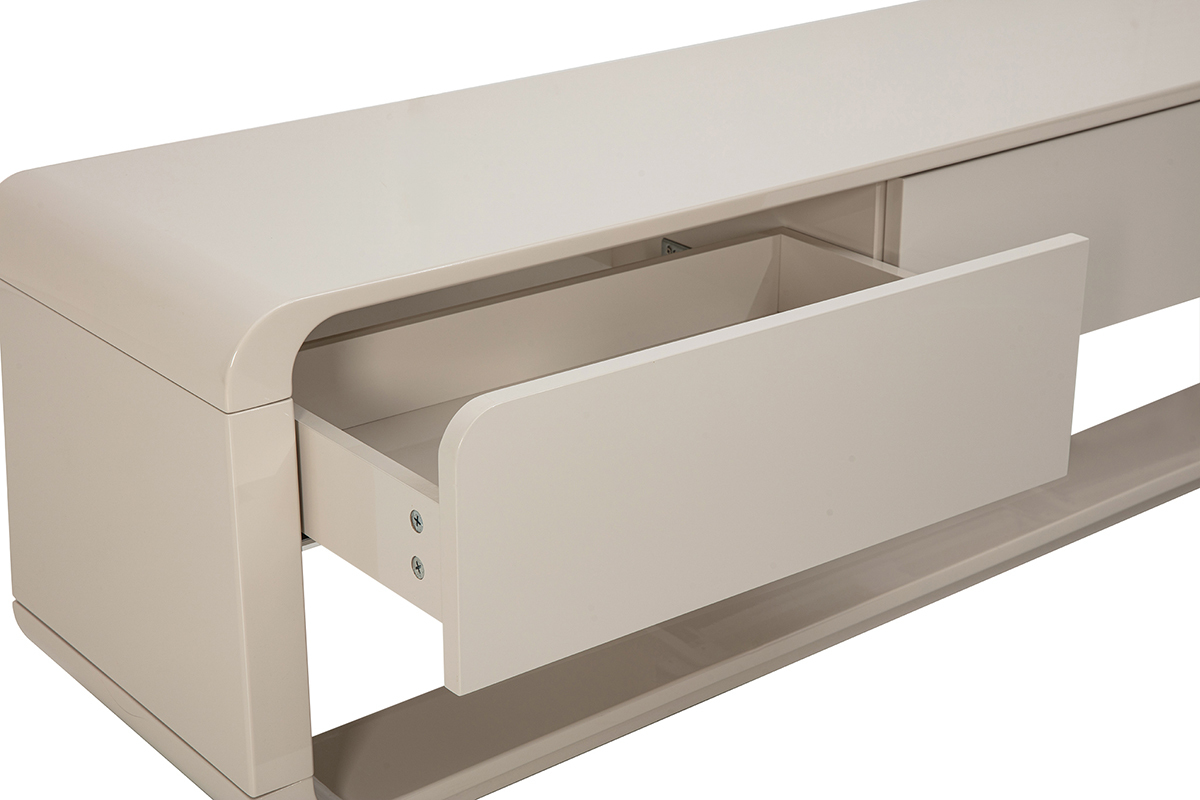 Mueble para TV beige brillante con caj�n abierto, vista lateral.