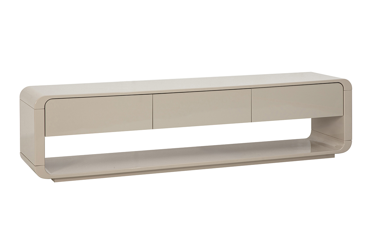 Mueble de TV beige brillante, 3 cajones, vista de 3/4.