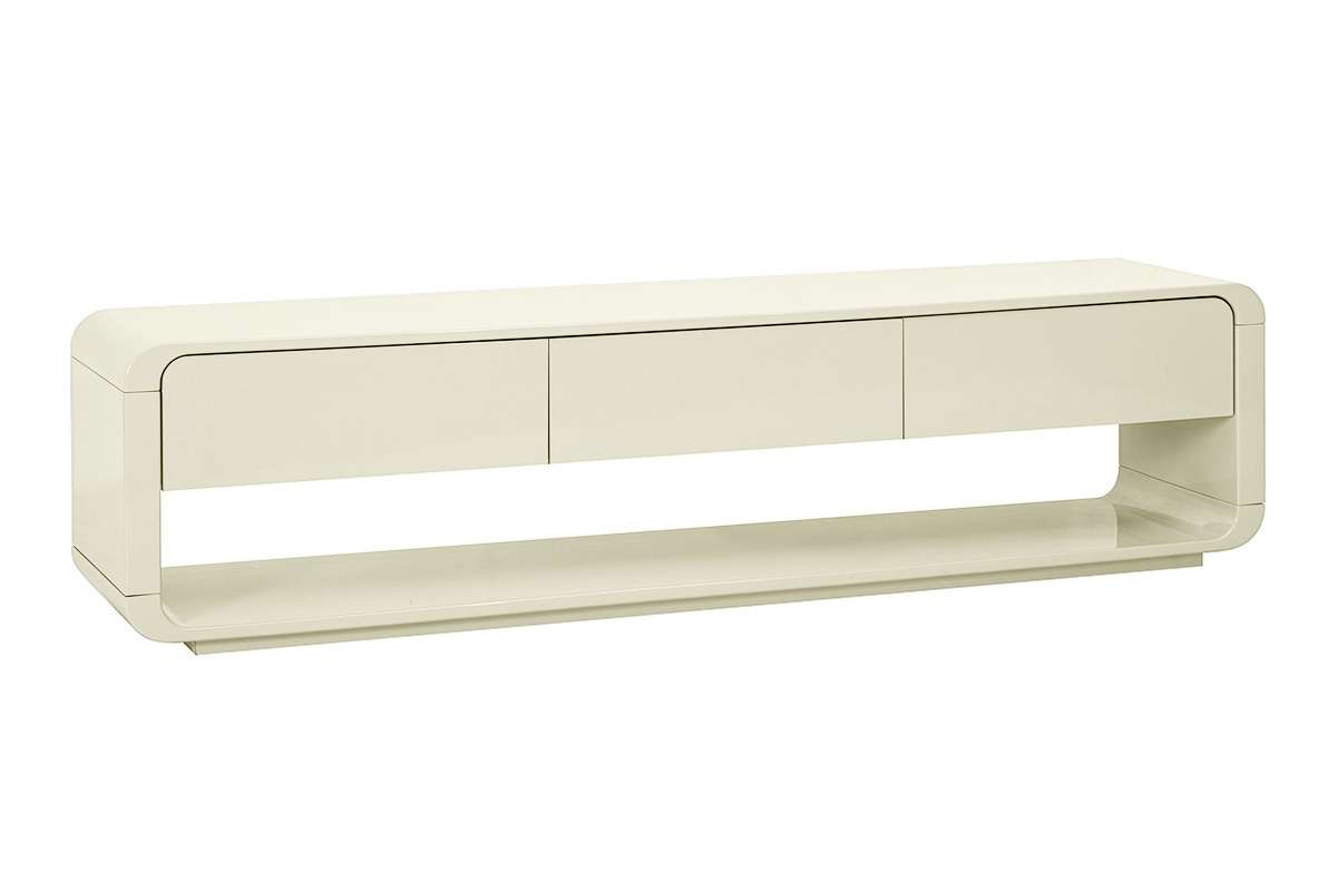 Mueble para TV beige brillante con 3 cajones, vista de 3/4.