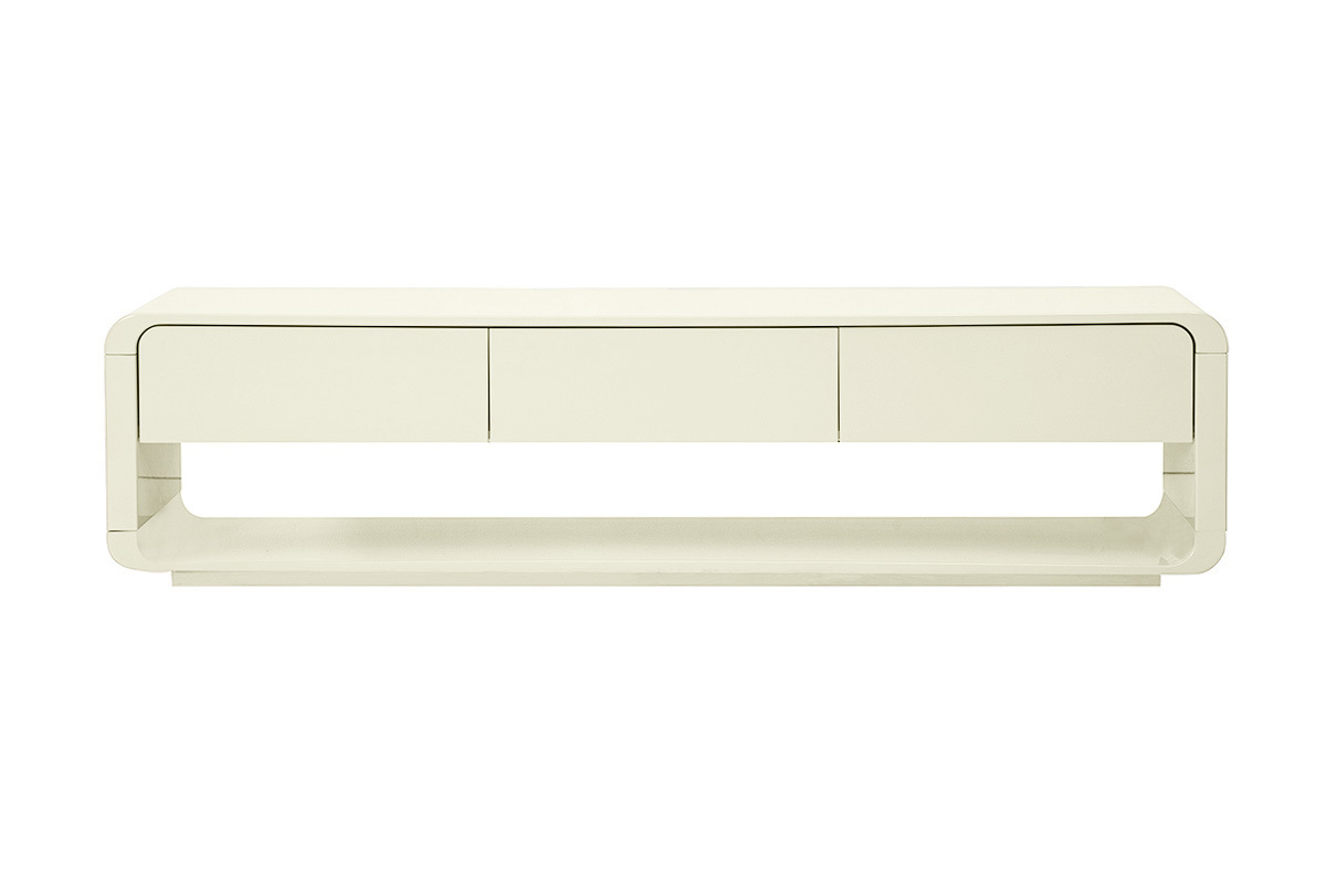 Mueble de TV beige brillante con 3 cajones, vista frontal.