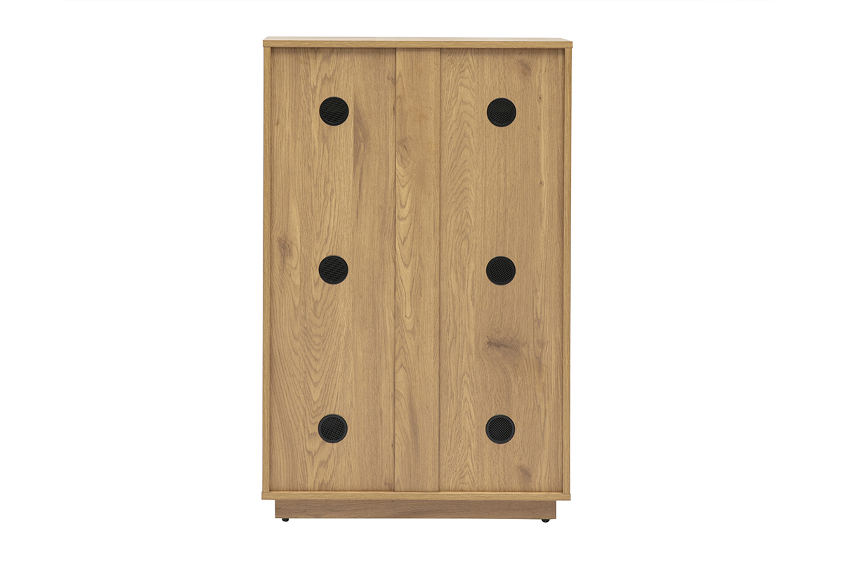 Mueble para zapatos de madera clara de roble, vista trasera, seis agujeros de ventilacin redondos negros.