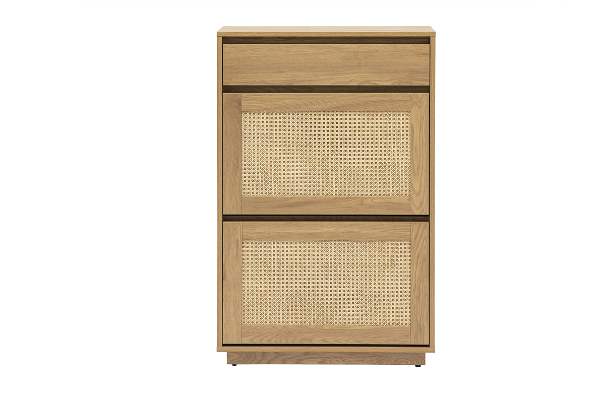 Mueble para zapatos de madera clara y ratn, vista frontal.