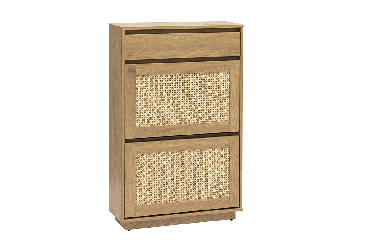 Mueble para zapatos acabado en madera clara y tejido de ratn, vista de 3/4.