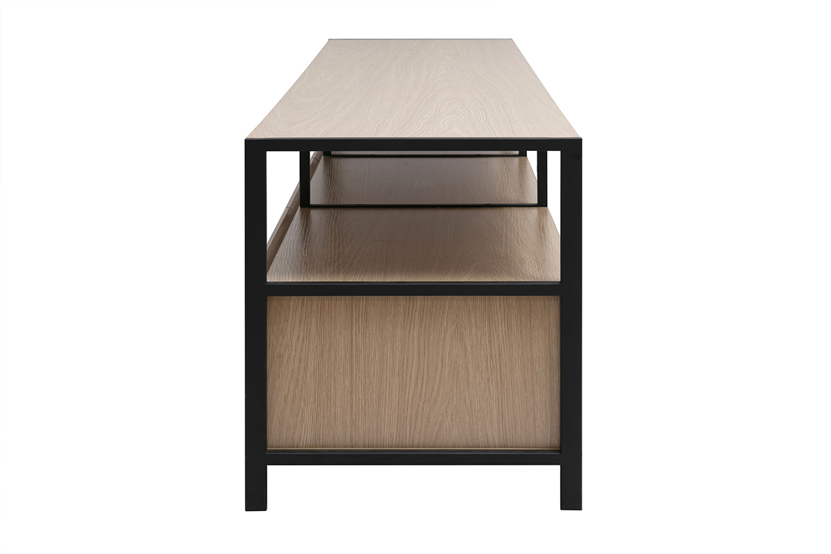 Vista lateral del mueble para TV con acabado en madera clara y metal negro, con estructura abierta.