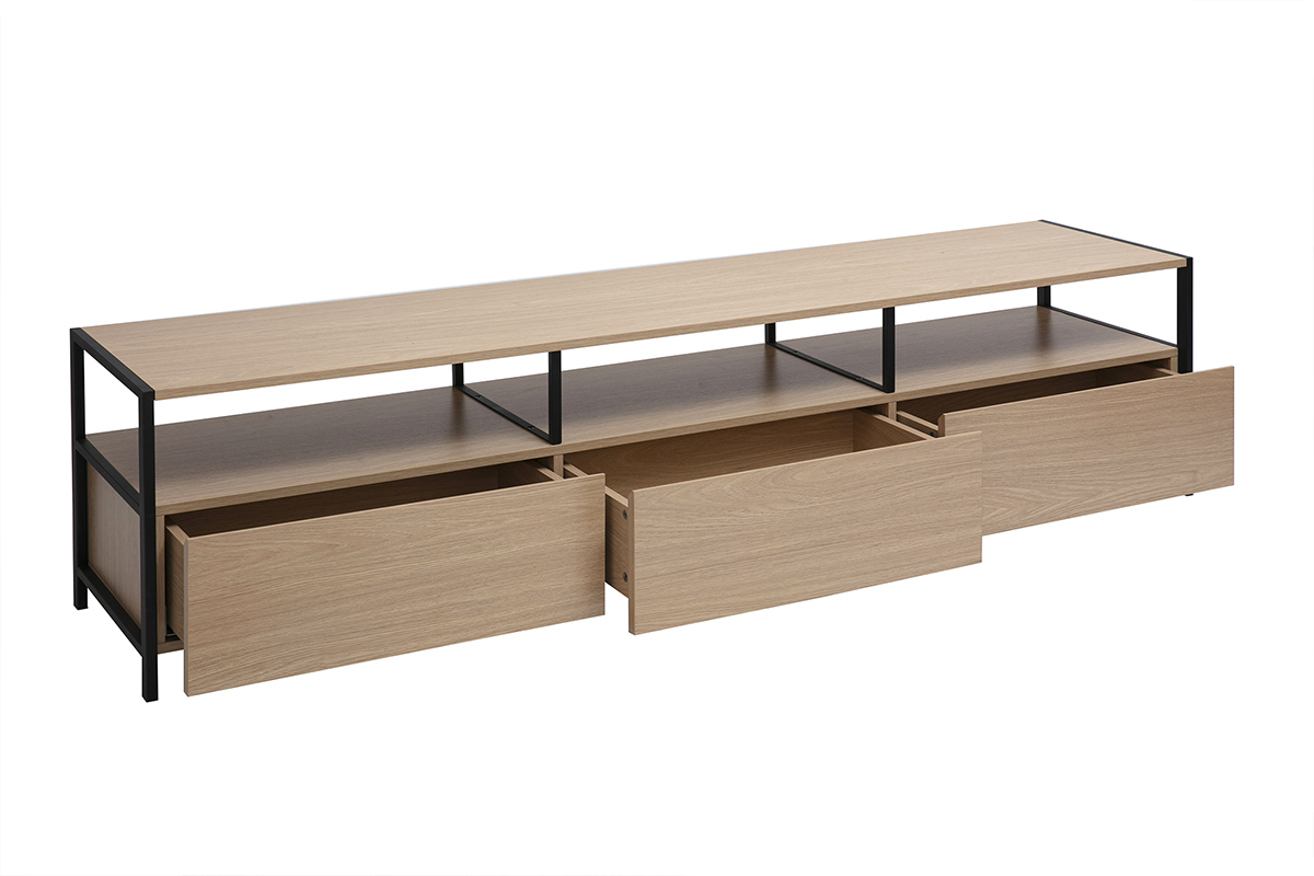 Mueble para TV de roble claro con marco de metal negro, cajones abiertos, vista de 3/4.