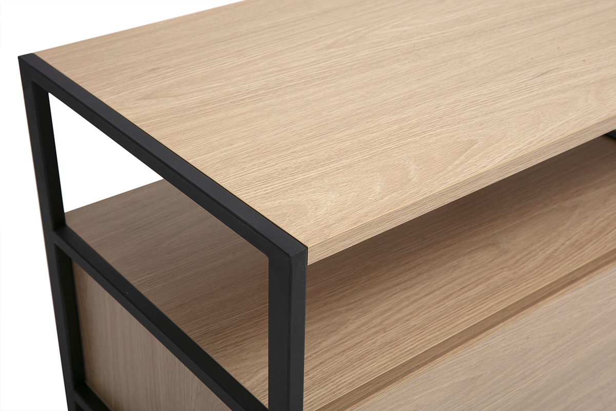 Vista cercana del mueble para TV de madera clara y metal negro, modelo MAXENCE.