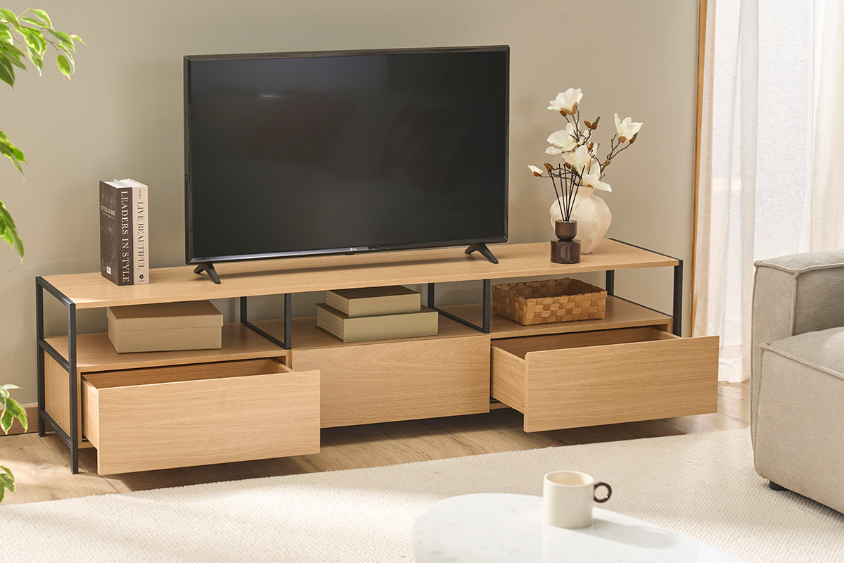 Mueble TV acabado en madera clara de roble y metal negro L180 cm MAXENCE