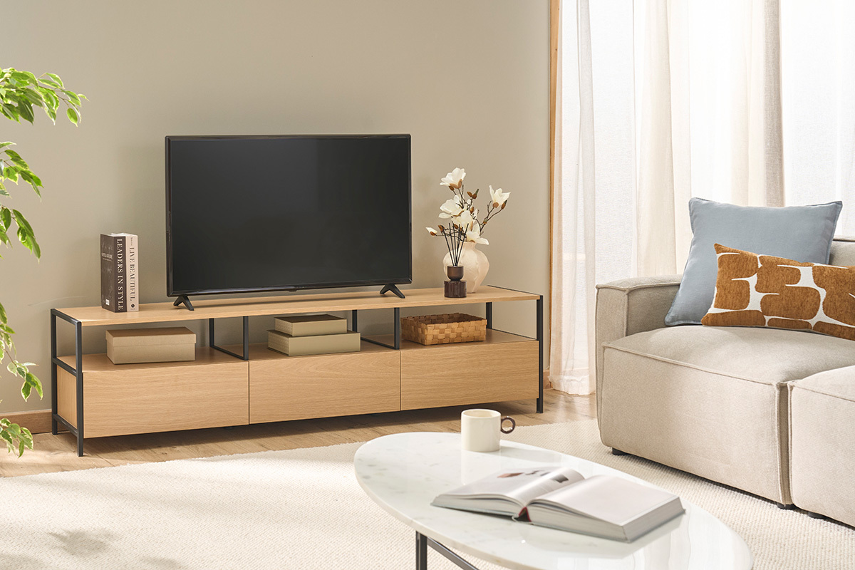 Mueble TV acabado en madera clara de roble y metal negro L180 cm MAXENCE