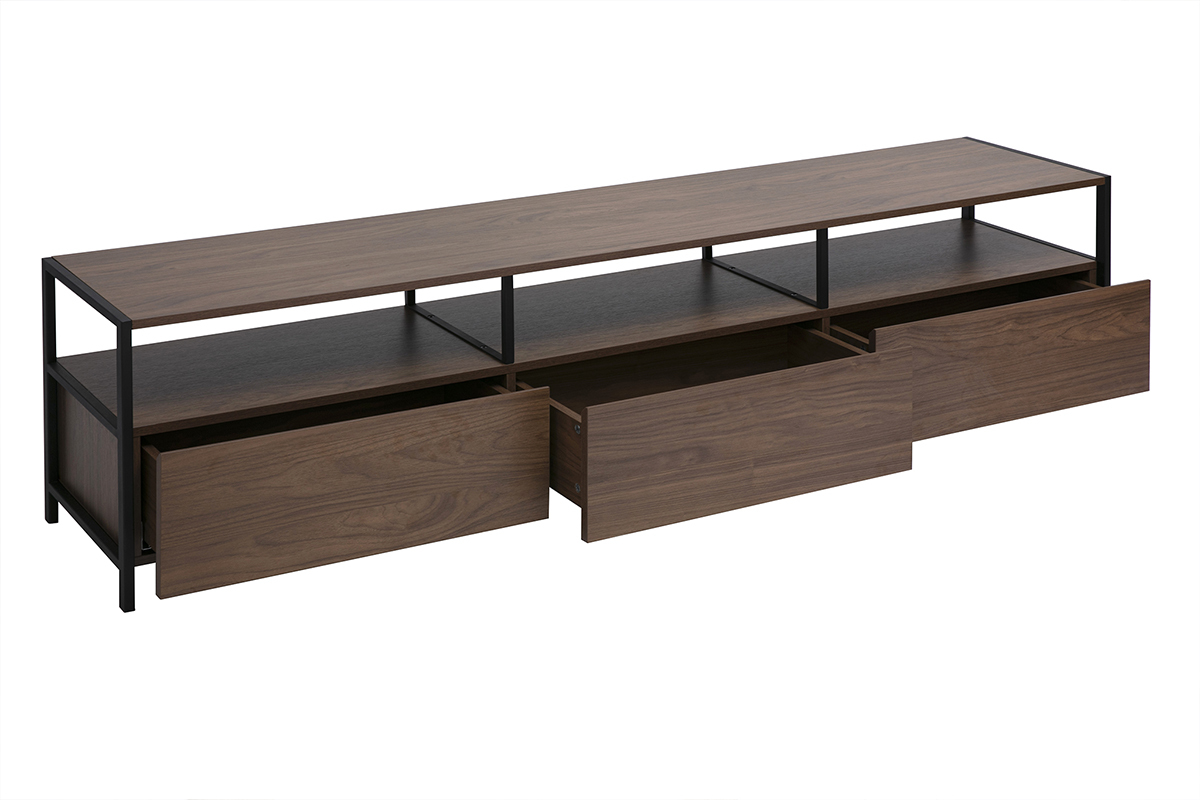 Mueble para TV de madera oscura y metal negro con cajones abiertos, vista de 3/4.