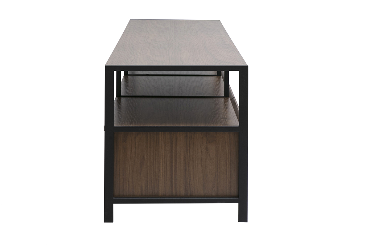 Mueble de TV MAXENCE vista de perfil, estructura de madera oscura y metal negro.