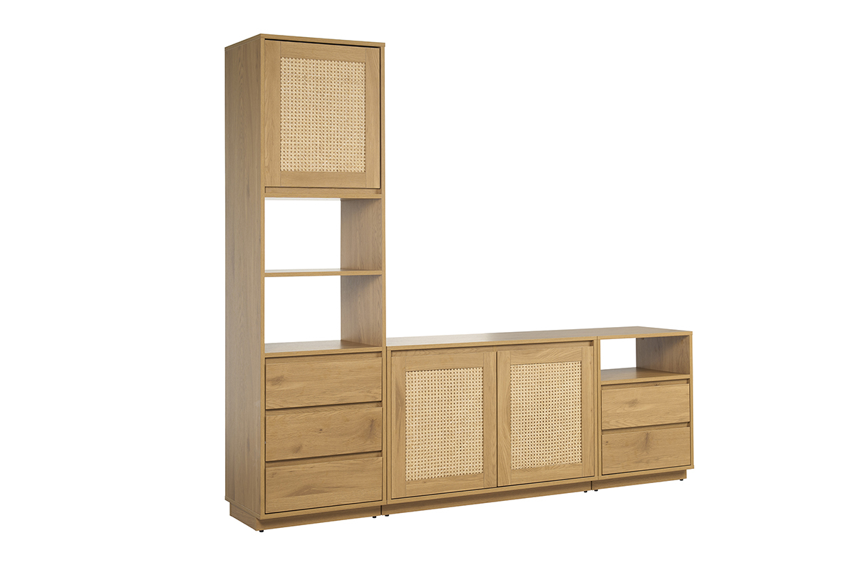 Mueble de TV de madera clara con tejido de rat�n, vista de 3/4.