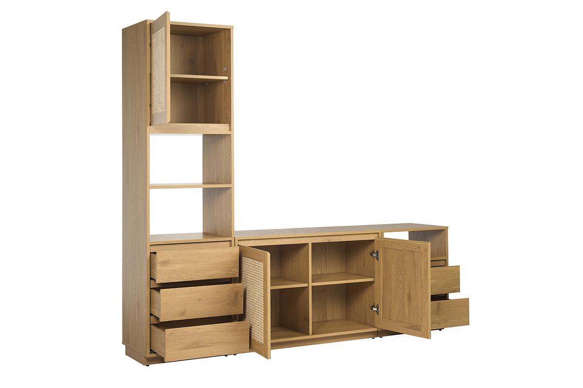 Mueble de TV de madera clara con puertas abiertas y cajones sacados, vista lateral.