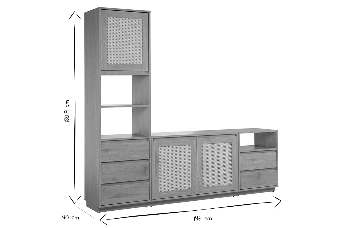 Dimensiones del mueble de TV SEVILLA en negro y blanco: 196 cm de ancho, 40 cm de profundidad, 180,9 cm de altura.