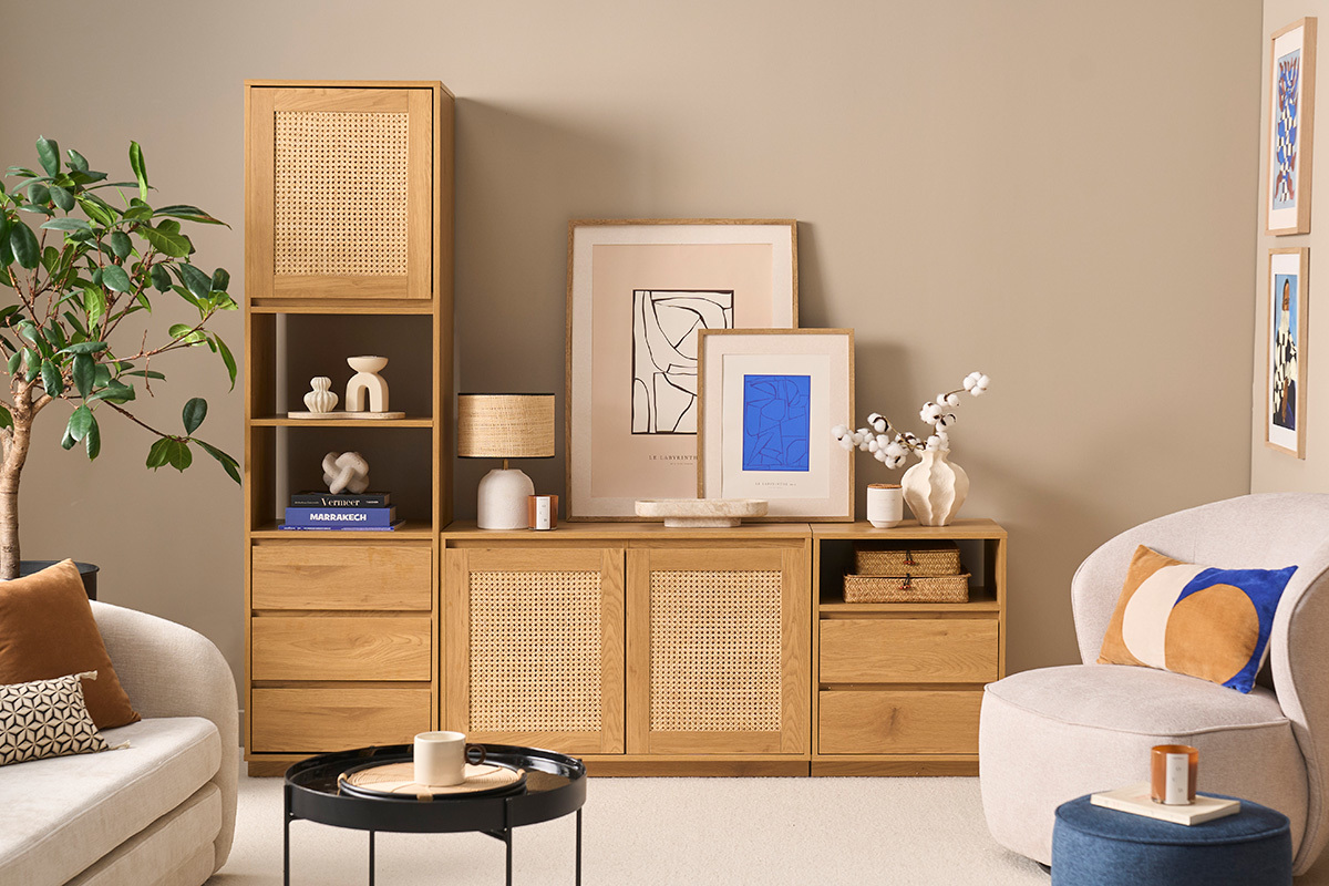 Mueble TV acabado madera clara roble y tejido de rat�n L196 cm SEVILLE