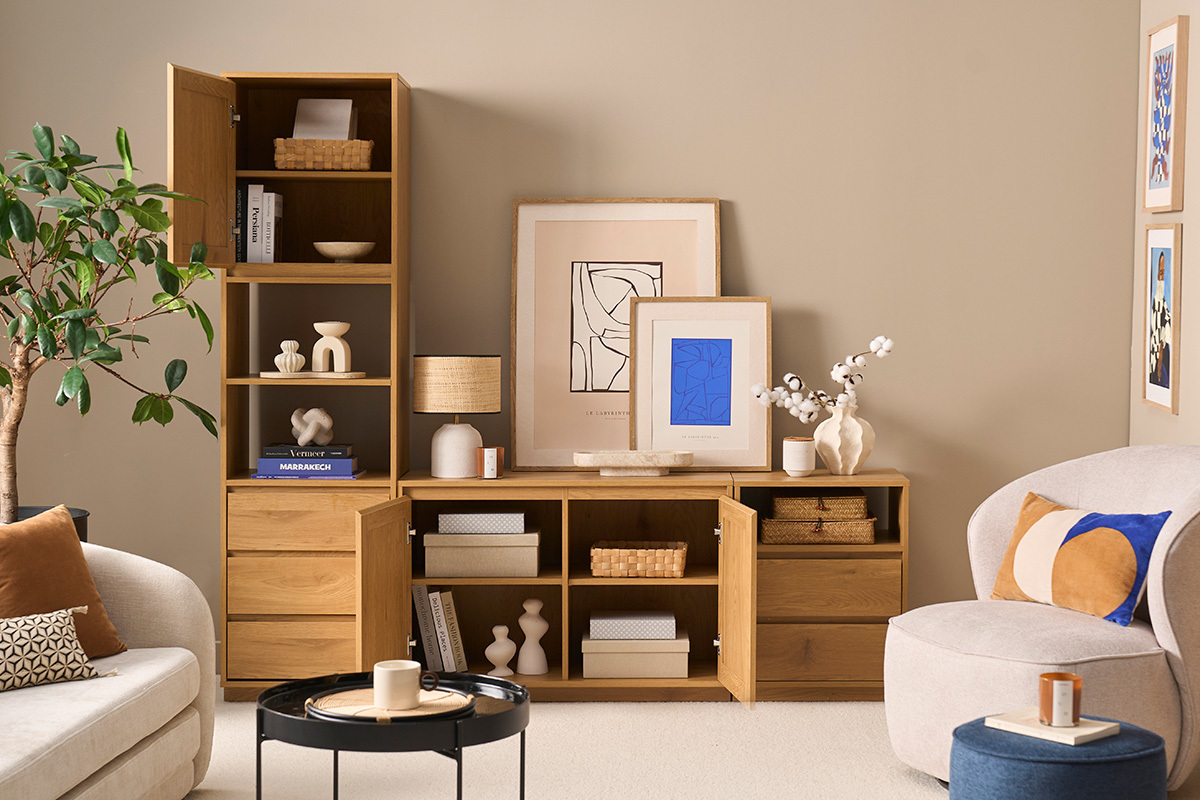 Mueble TV acabado madera clara roble y tejido de rat�n L196 cm SEVILLE