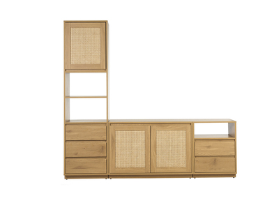 Mueble TV acabado madera clara roble y tejido de rat&aacute;n L196 cm SEVILLE