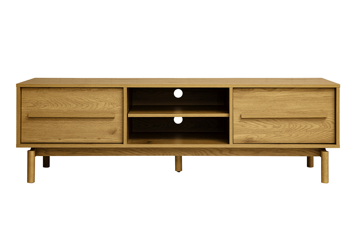 Mueble TV de madera de roble L160 cm con dos cajones cerrados y nichos abiertos, vista frontal