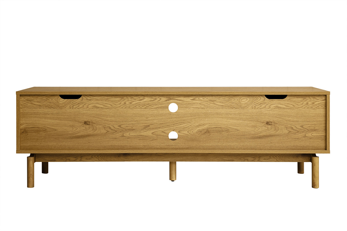 Mueble de TV de madera de roble, vista trasera, con dos cajones y dos nichos abiertos.