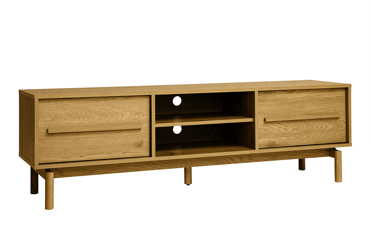 Mueble TV de madera de roble L160 cm YSEULT con dos m�dulos y nichos centrales, vista de 3/4.