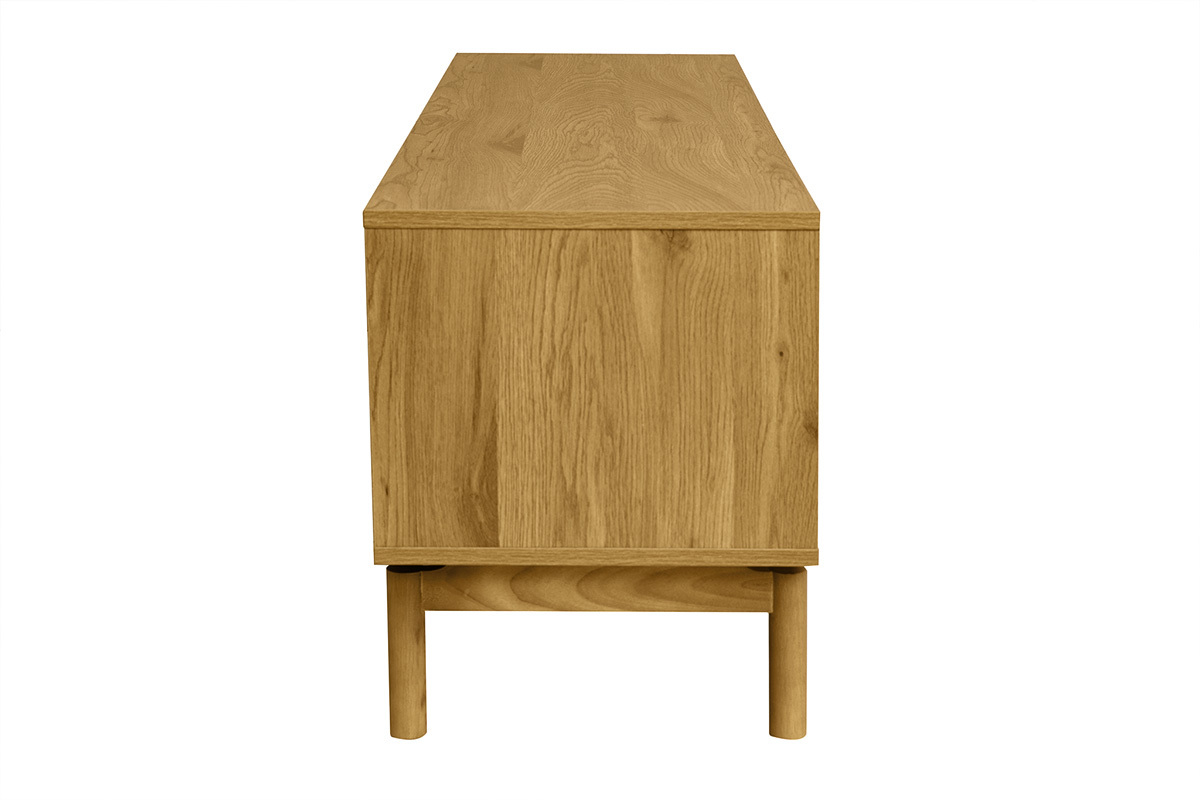 Mueble TV YSEULT en madera de roble, vista de perfil, longitud 160 cm, dise�o escandinavo depurado.