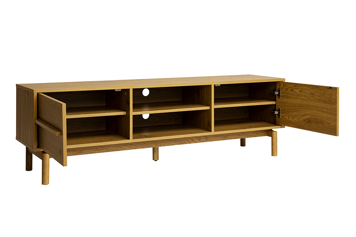 Mueble de TV de madera de roble L160 cm con almacenamiento, vista de 3/4, puerta abierta a la izquierda.