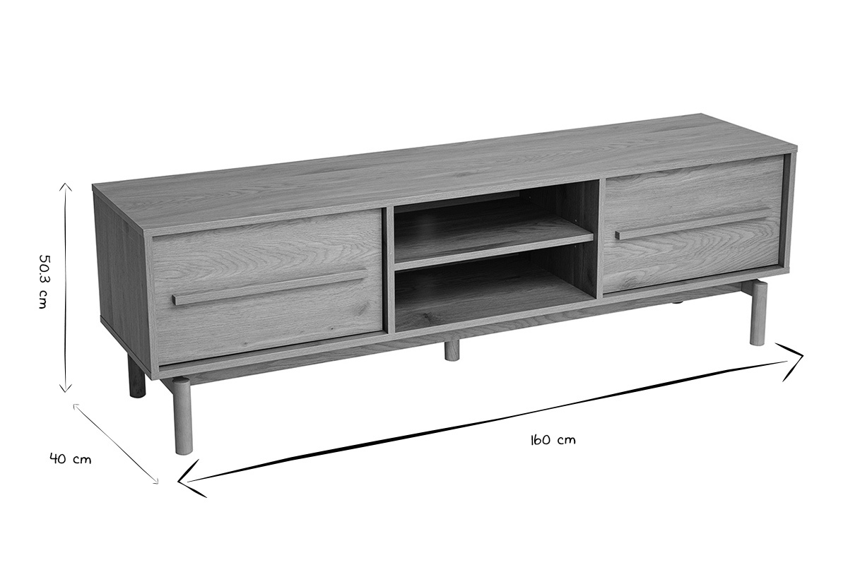 Dimensiones del mueble de TV YSEULT: L160 cm, H50.3 cm, P40 cm en negro y blanco.