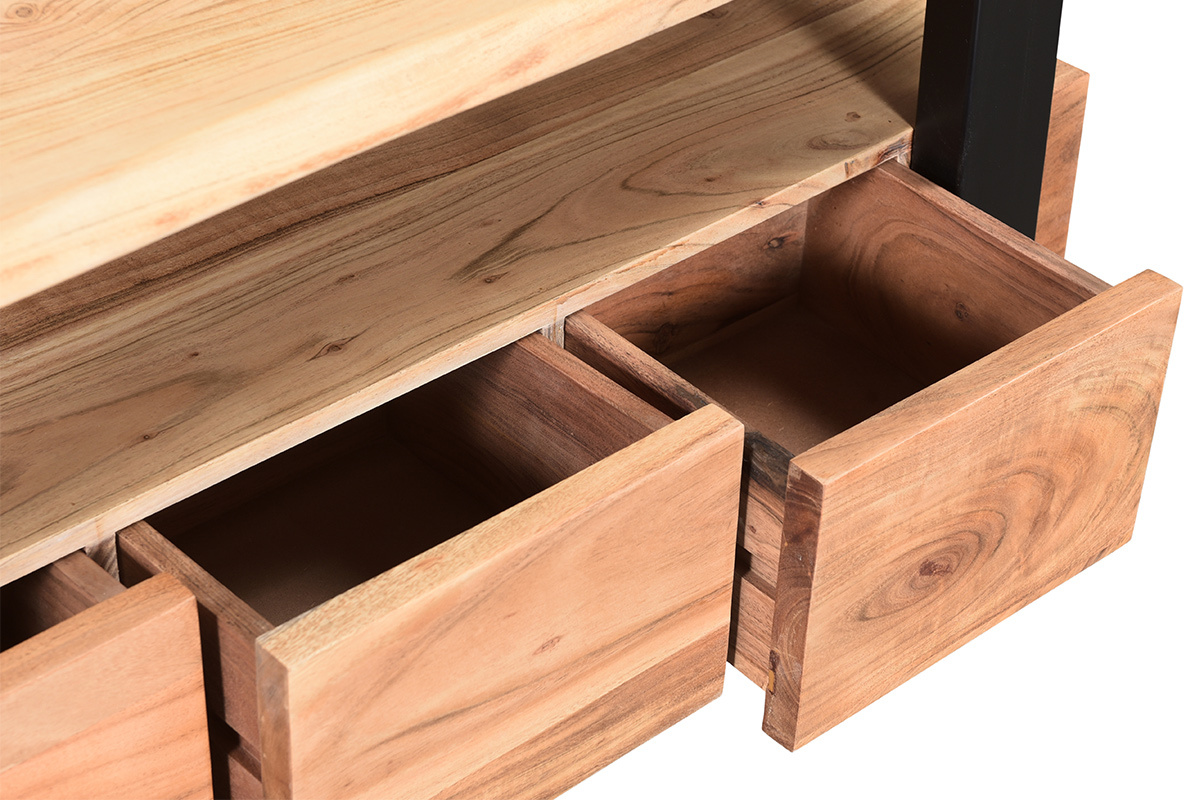 Mueble TV con 3 cajones de madera de acacia maciza y metal 130cm WAYI