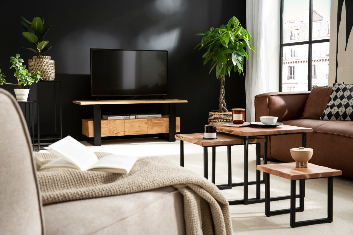 Mueble TV con 3 cajones de madera de acacia maciza y metal 130cm WAYI