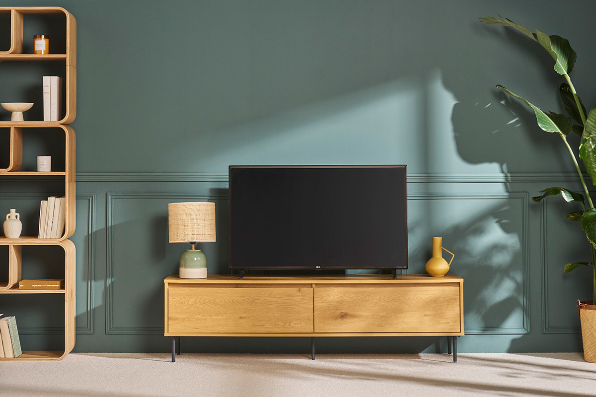Mueble TV con acabado de roble claro y 2 cajones 160 cm ARAGON