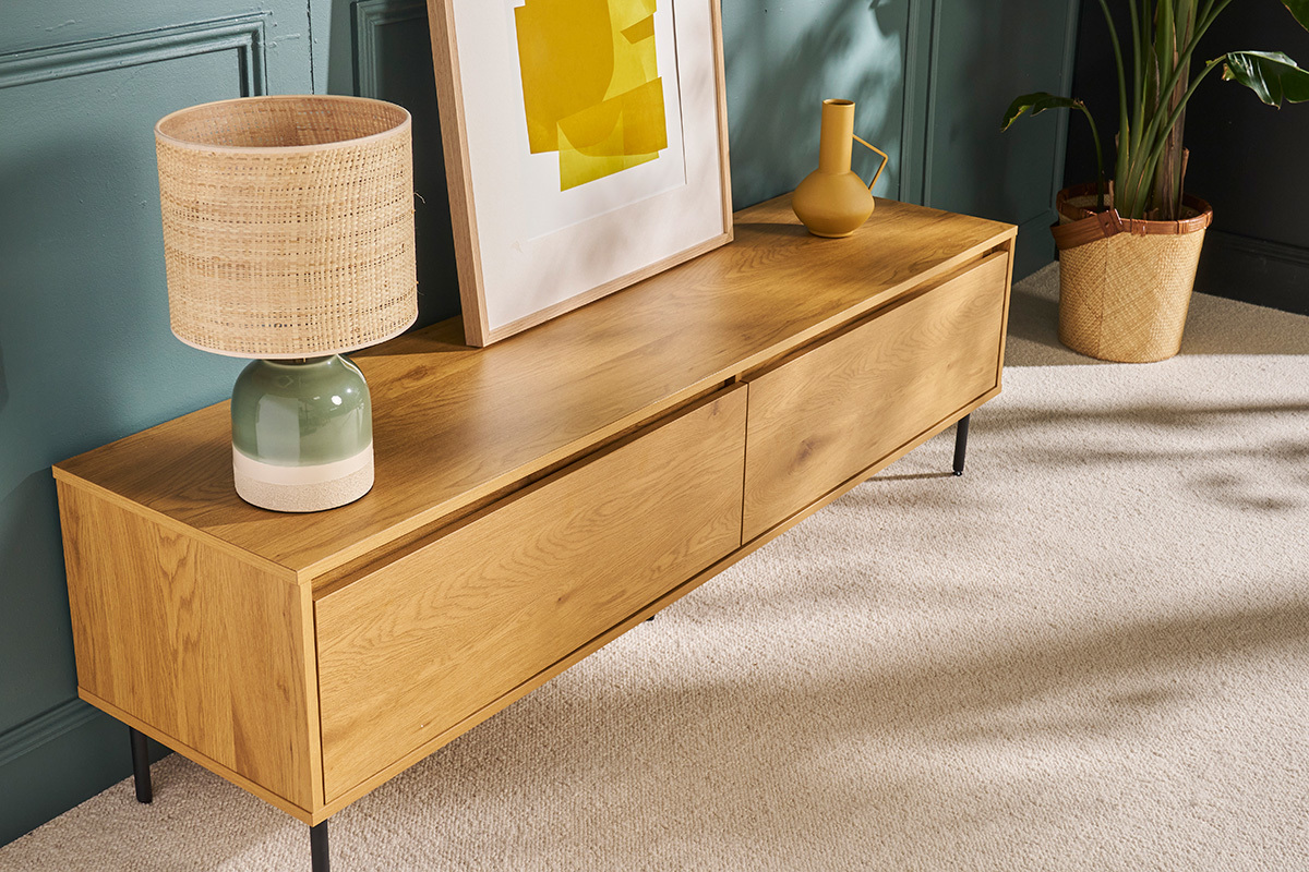 Mueble TV con acabado de roble claro y 2 cajones 160 cm ARAGON