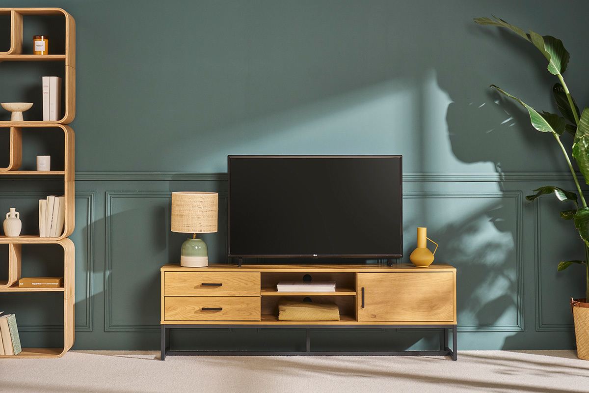 Mueble TV con acabado de roble claro y metal negro 160 cm LOVATO