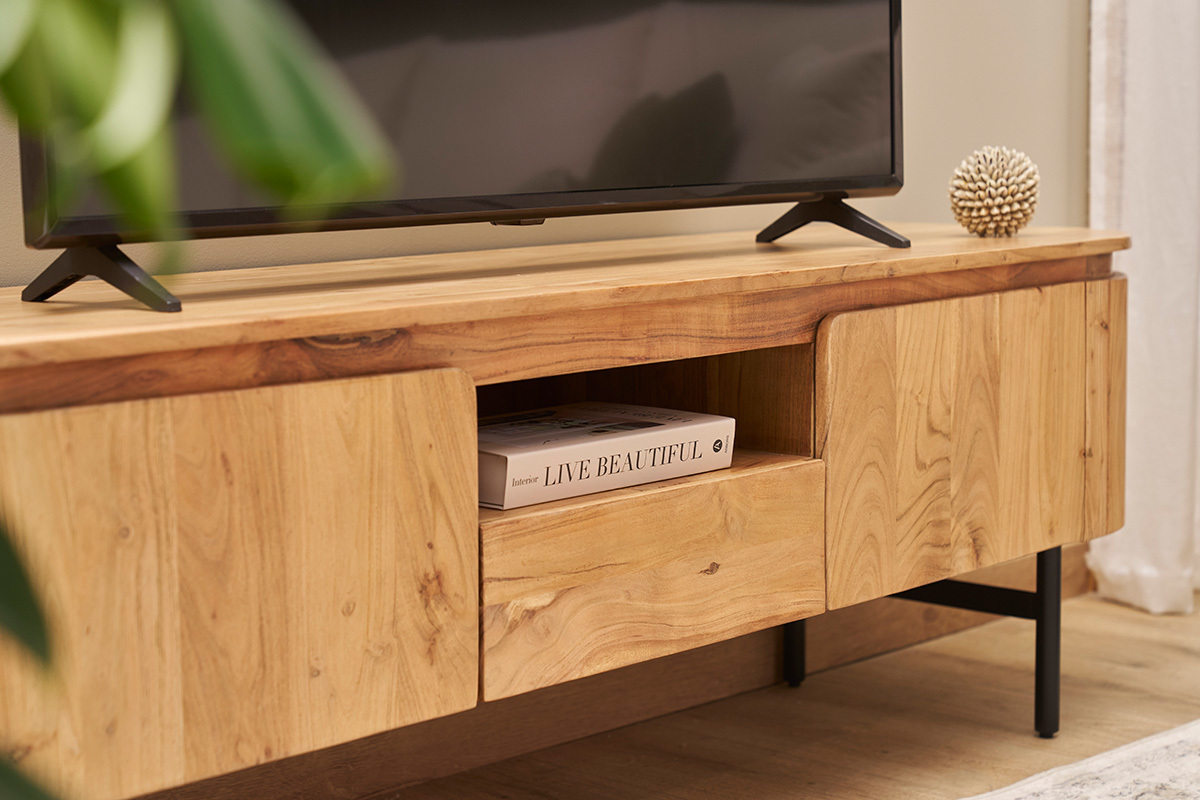 Mueble TV con almacenaje de madera maciza y metal negro 160 cm NAPOLI