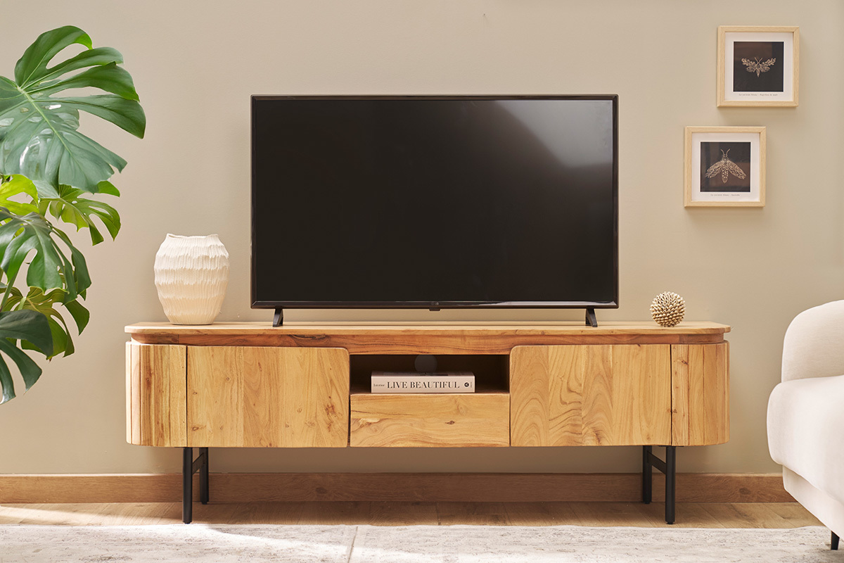 Mueble TV con almacenaje de madera maciza y metal negro 160 cm NAPOLI