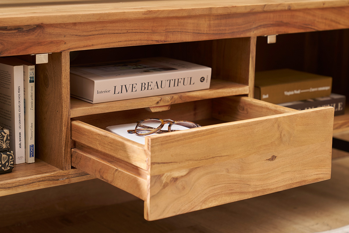 Mueble TV con almacenaje de madera maciza y metal negro 160 cm NAPOLI