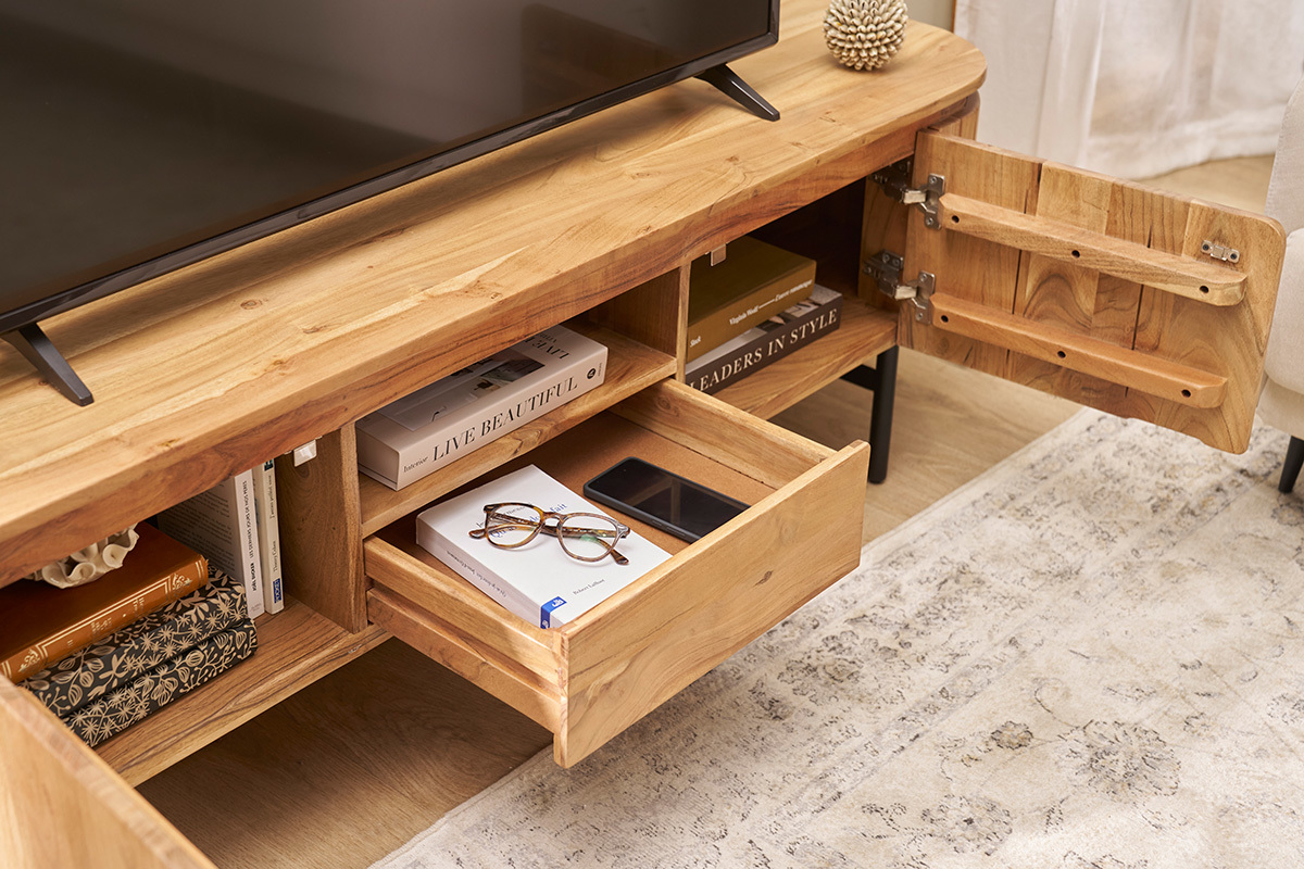 Mueble TV con almacenaje de madera maciza y metal negro 160 cm NAPOLI