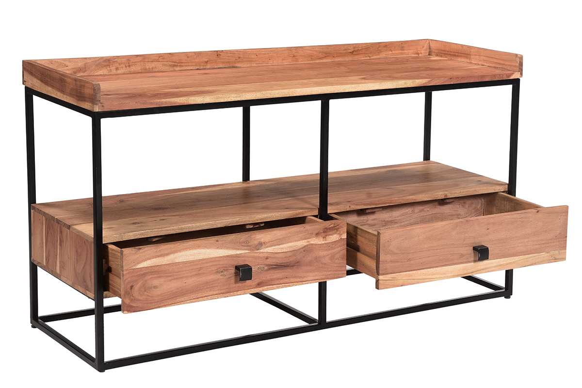 Mueble TV con cajones de acacia y metal negro 115cm de ancho HERMANN
