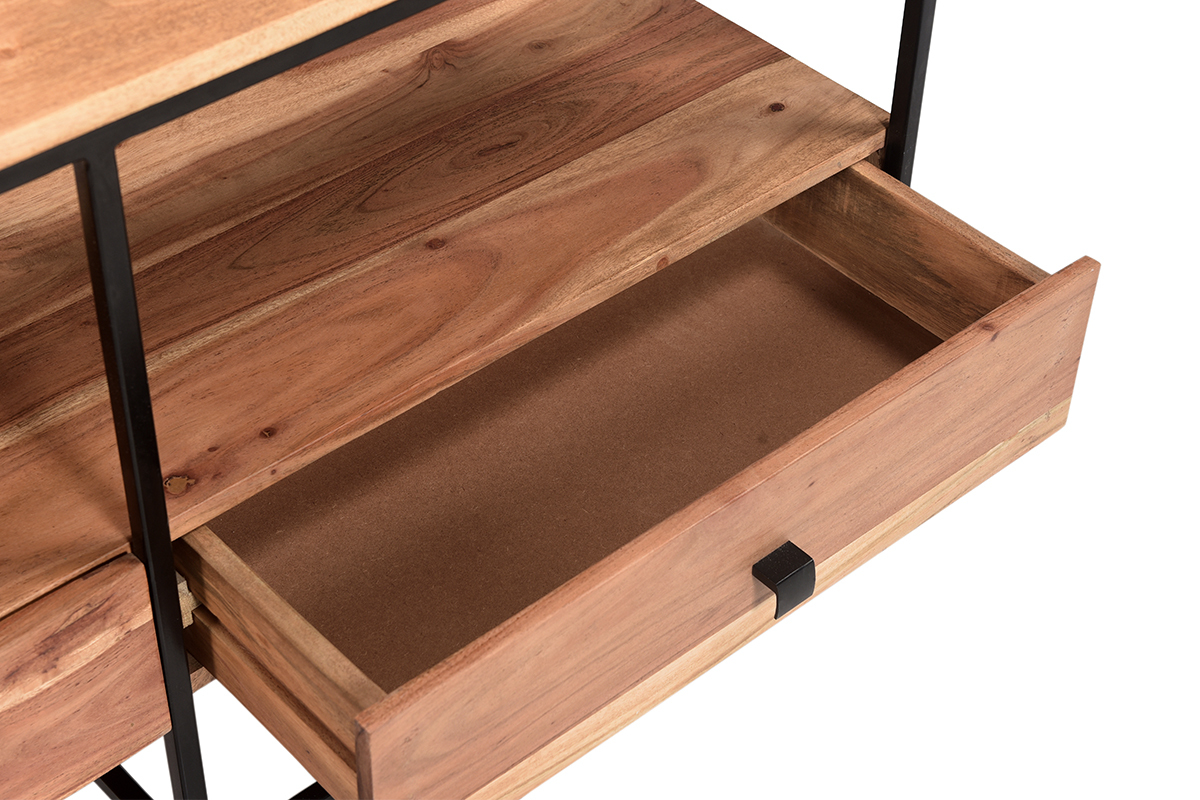 Mueble TV con cajones de acacia y metal negro 115cm de ancho HERMANN