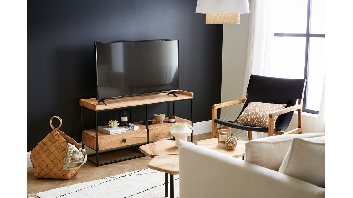 Mueble TV con cajones de acacia y metal negro 115 cm de ancho HERMANN