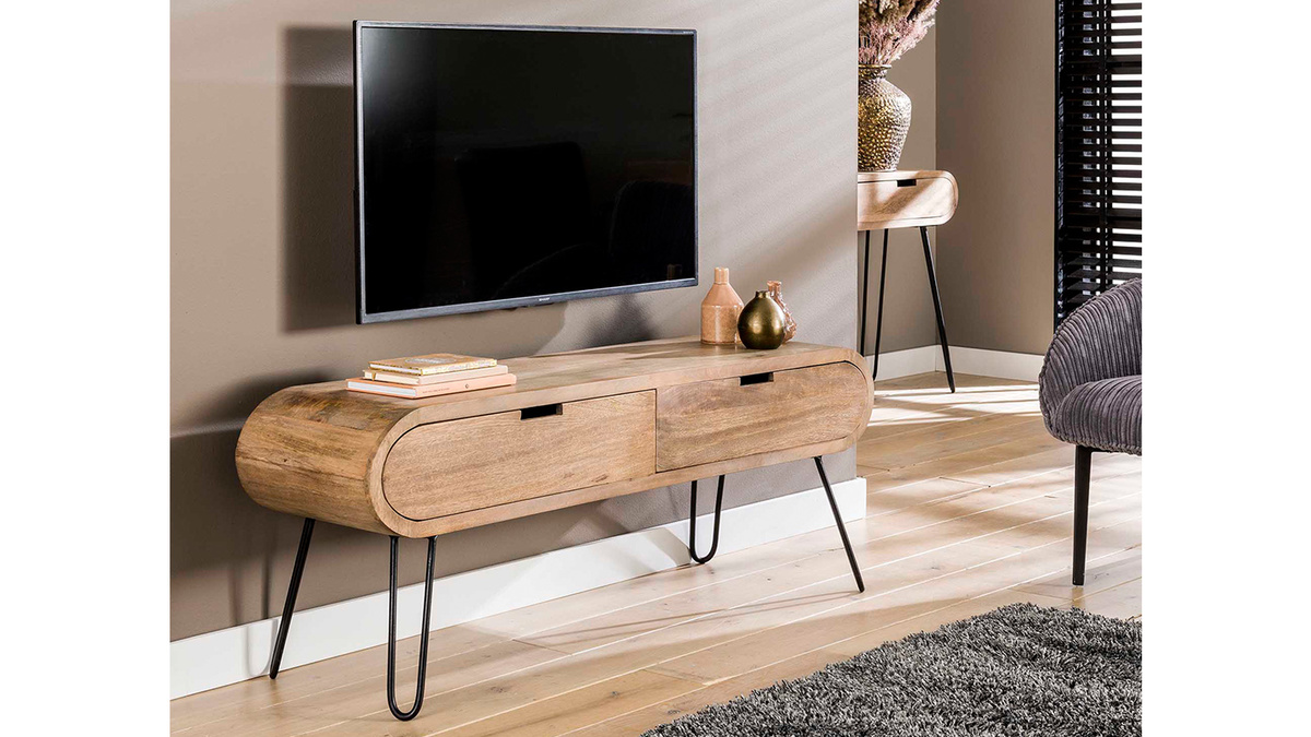 Mueble TV con cajones de madera maciza de mango y metal negro LIRIA