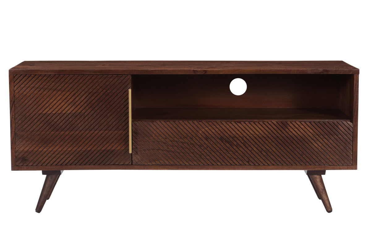 Mueble TV con puerta y cajn de madera maciza de mango con grabados 120 cm REKHA