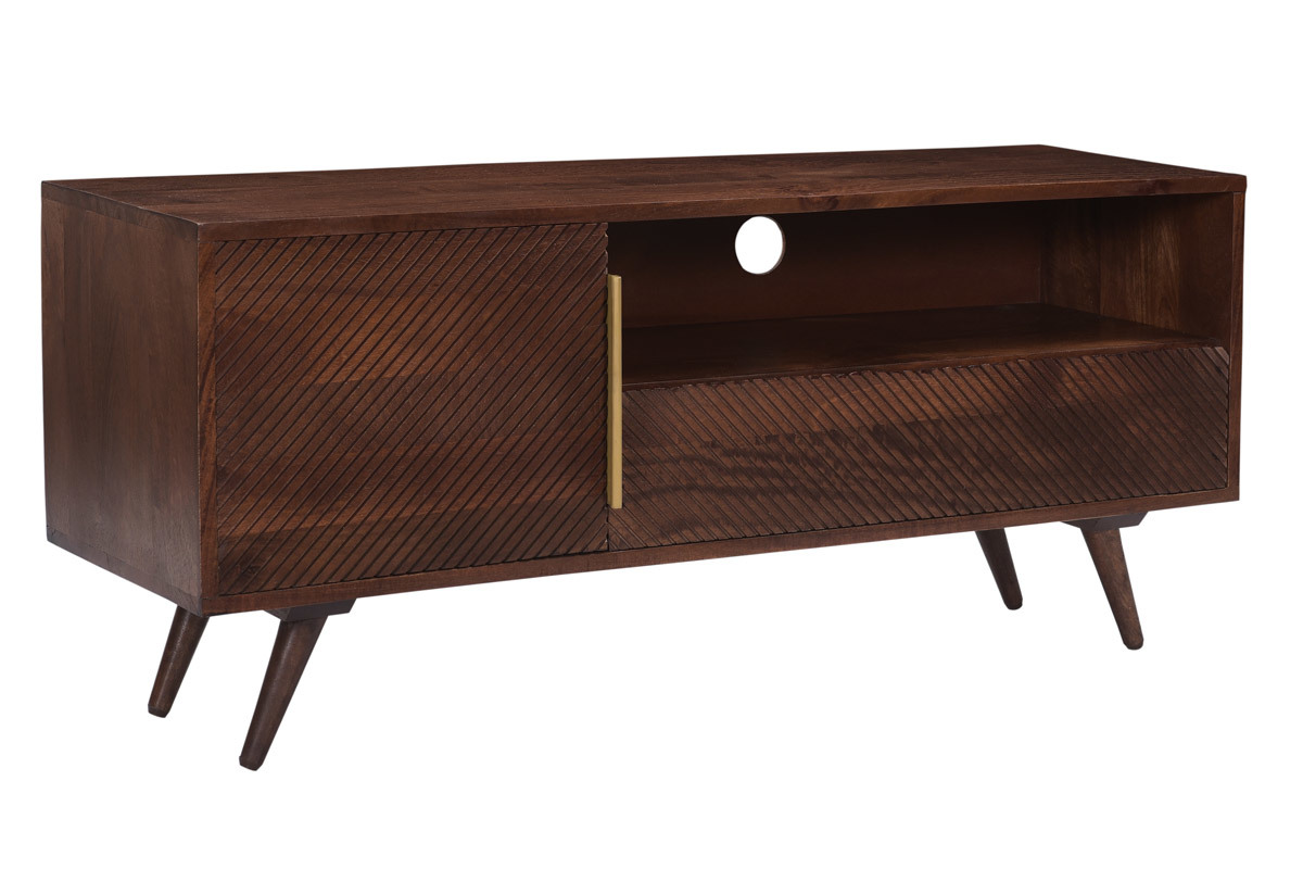 Mueble TV con puerta y cajn de madera maciza de mango con grabados 120 cm REKHA