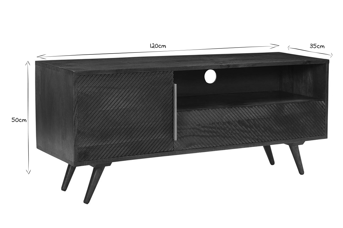 Mueble TV con puerta y cajn de madera maciza de mango con grabados 120 cm REKHA
